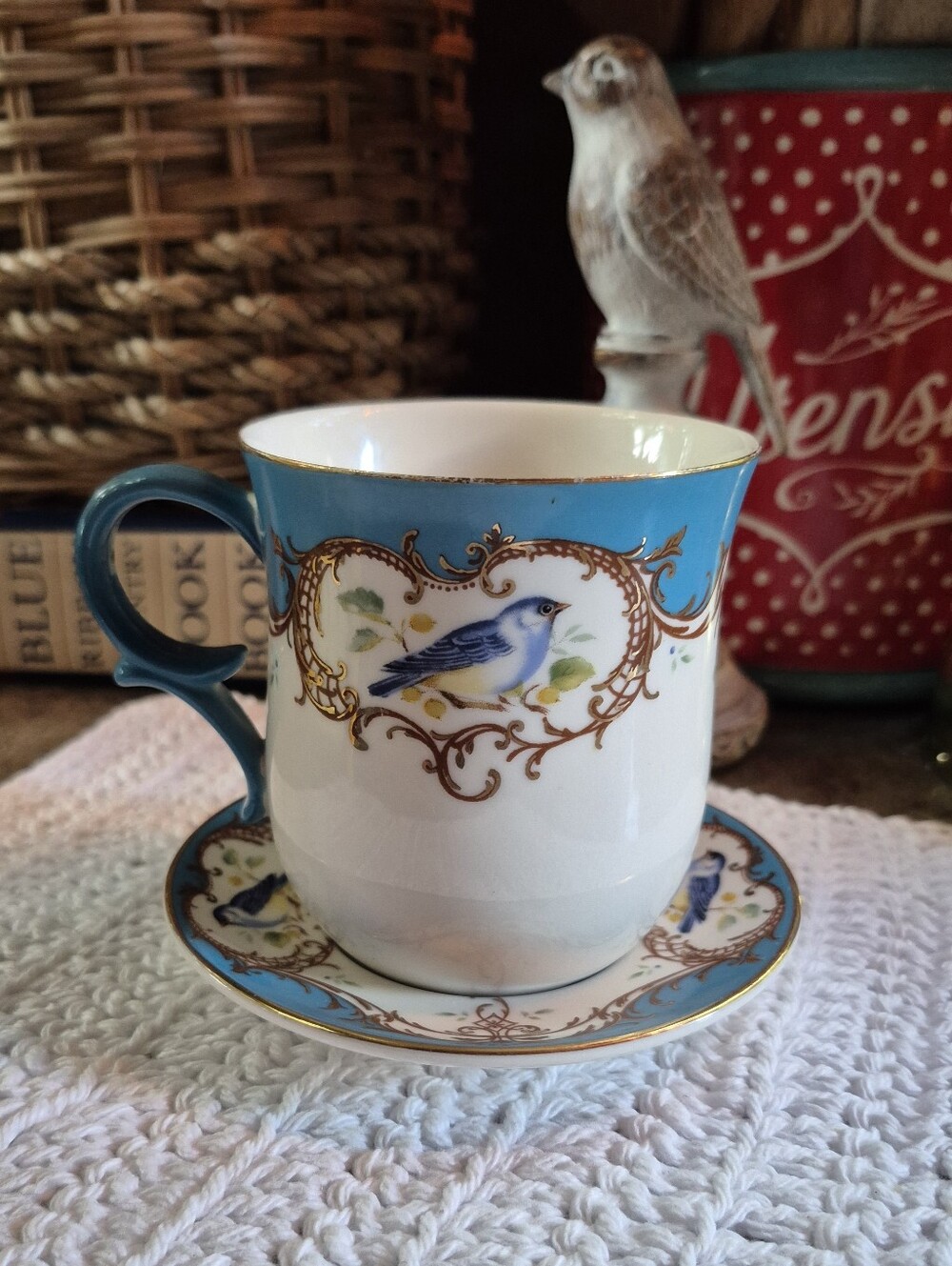 Vtg Gracie China Coastline Imports Teacup & Saucer Gold Scroll Blue Bird Pattern